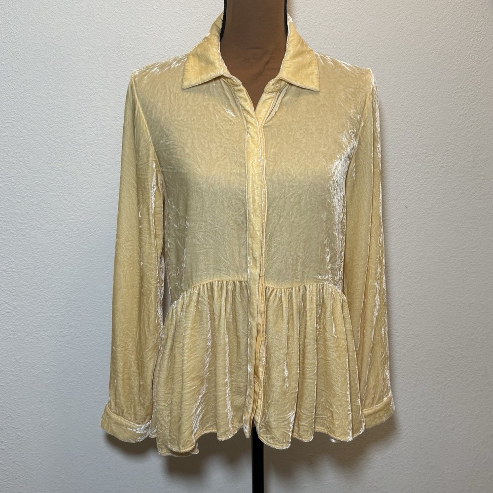 Sundance Women's S 100% Silk Velvet Peplum Button Front Yellow Blouse/Top Boho